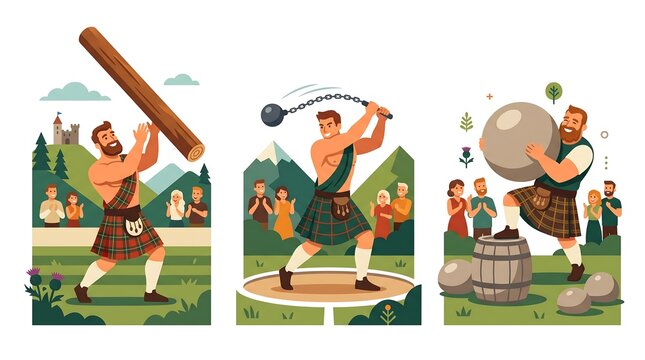 Flat vector illustration of Scottish Highland Games featuring caber toss, hammer throw, and stone lifting with cheerful characters, simple geometric scenery, clean white background