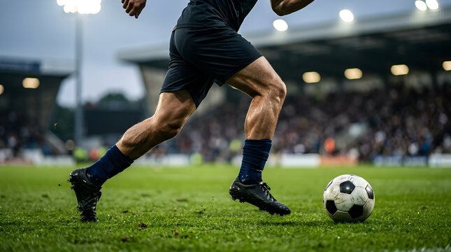 Dynamic close-up of a soccer player sprinting with the ball across a professional stadium field. Perfect action sports concept featuring speed, competition, teamwork, and athletic performance.