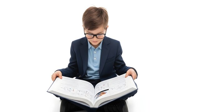 Young boy reading a large open book, symbolizing education, knowledge, literacy, learning, imagination, childhood, academic success, study, and intellectual growth.