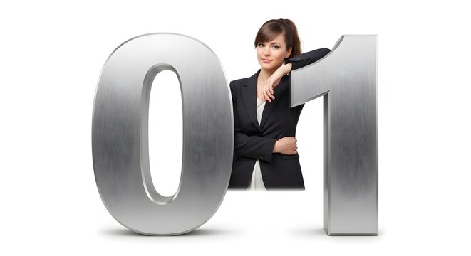 Businesswoman standing between giant numbers zero and one, representing binary code, digital technology, mathematics, data, computing, innovation, logic, and business concepts.
