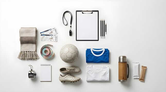 Soccer coaching essentials arranged neatly with clipboard, whistle, stopwatch, football, tape, and accessories for sports education, planning, and team management.