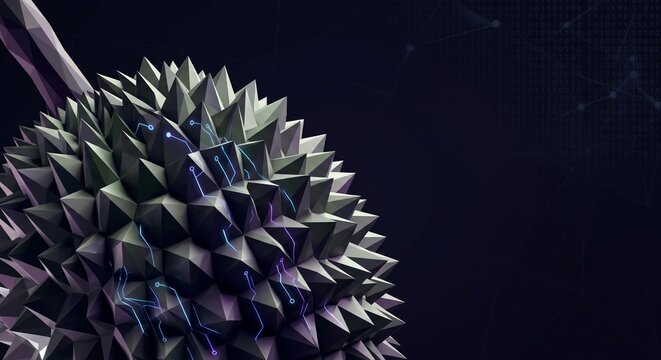Futuristic 3D durian fruit with glowing neon cyber circuit patterns