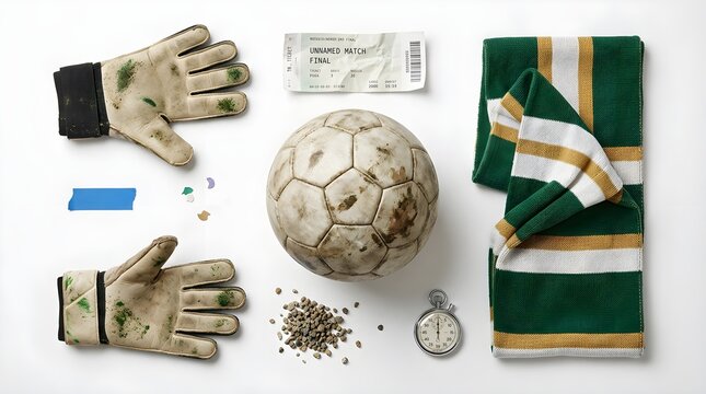 Old worn soccer ball surrounded by goalkeeper gloves and sports items on a clean background, representing football history, training, and competitive outdoor games.