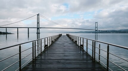 Naklejka premium Wooden pier extending into calm water toward a large suspension bridge under cloudy skies