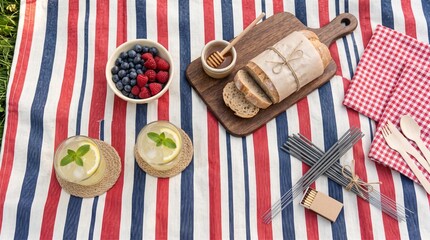 Obraz premium Summer picnic spread with fresh berries, bread, and lemonade drinks