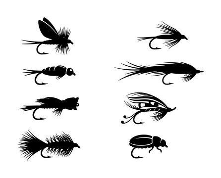 Fly Fishing Lures, Insect Baits, Vector Icons for Angling and Outdoor Sports