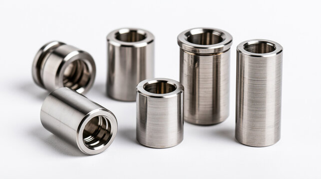 Assorted machined metal spacers and sleeves on white background