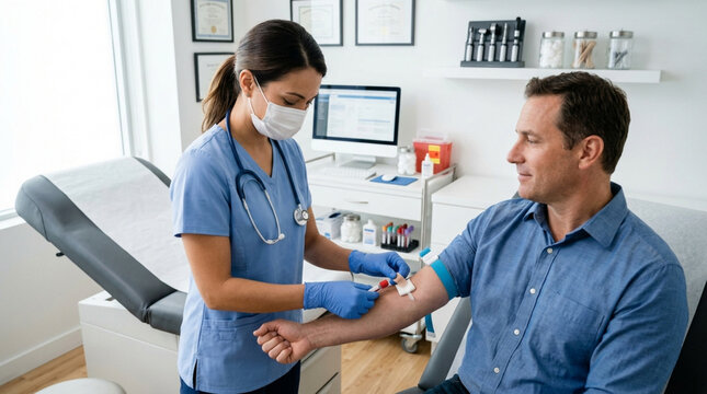 Nurse taking blood sample from male patient for medical test in clinic