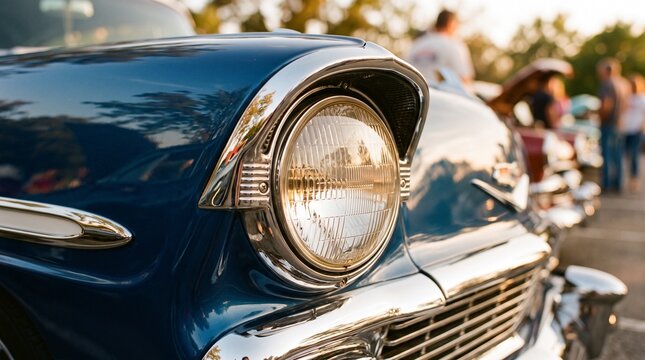 Close-up of classic vintage car round headlights with polished chrome details, nostalgic automotive styling, and warm natural sunlight.