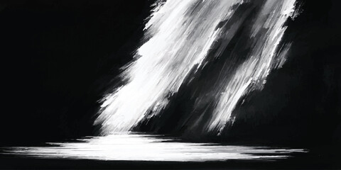 Vertical rays of light shining down into a bright pool on the ground with vertical illumination darkness dramatic background abstract performance contrast projection intensity luminous © KHADIZA
