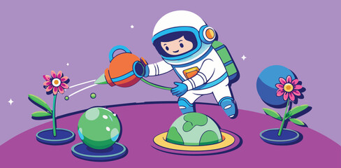 Cartoon astronaut gardening on alien planet flat vector illustration with sci fi astronaut gardening watering exploration astronomy universe illustration spacecraft explorer adventure © Jannat