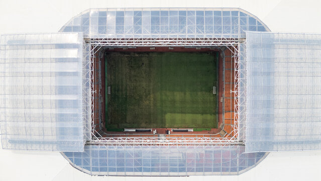 Aerial Top Down View of Modern Football Stadium with Retractable Roof