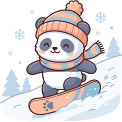 Naklejka premium A cartoon panda snowboarding down a snowy hill wearing a hat and scarf in winter.
