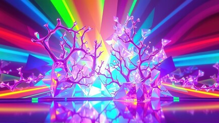 Obraz premium Vibrant abstract composition. Crystal branches reflect light, creating dynamic colorful patterns. Futuristic, glowing aesthetic dominates scene.