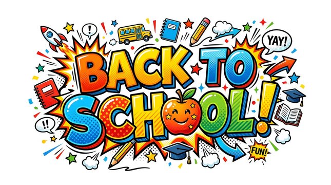 Colorful Back to School lettering decorated with books, pencils, apples, rulers, and playful educational doodles, ideal for classroom and academic promotions.