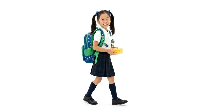 Happy schoolgirl wearing a backpack and school uniform while standing on a white background. Perfect for education, elementary school, childhood, learning, and back-to-school themes.