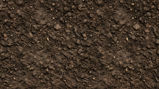 Close up top view of dark brown fertile garden soil texture background for agriculture or gardening concept