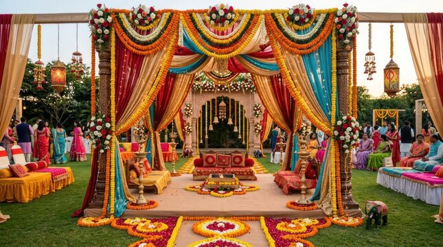 A vibrant Indian wedding ceremony setup with colorful decorations, a traditional mandap, and guests seated on benches.