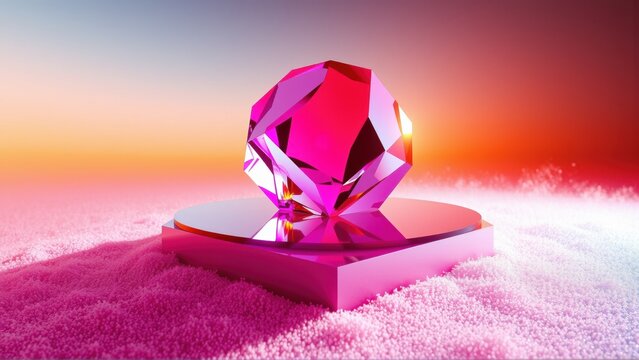 Vibrant pink gem rests upon metallic pedestal. Background features gradient sunset hues, soft texture below.
