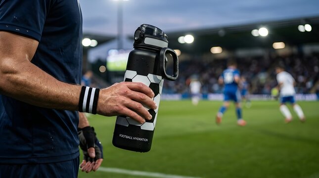 Reusable sports bottle held during a soccer match with a blurred stadium background, highlighting hydration, active lifestyles, athletic performance, and outdoor fitness.