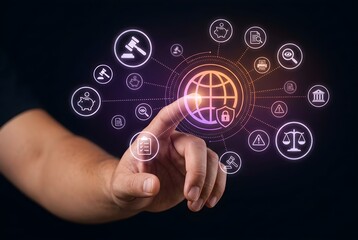 Obraz premium Digital Finger Touching Global Legal and Cybersecurity Network Interface for Regulatory Compliance and Data Protection