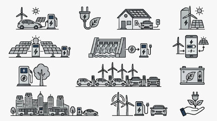 Obraz premium Industrial of Renewable Energy Solutions and Smart Electric Infrastructure in Monochrome with high quality professional line art symbols for modern creative design and digital branding projects
