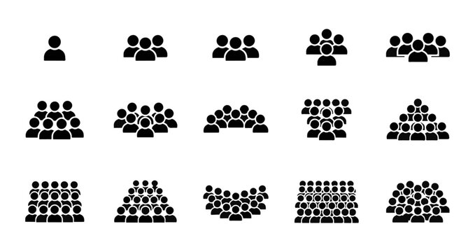 Collection of crowd and group size icons showing population density and team members with population silhouette community organization management