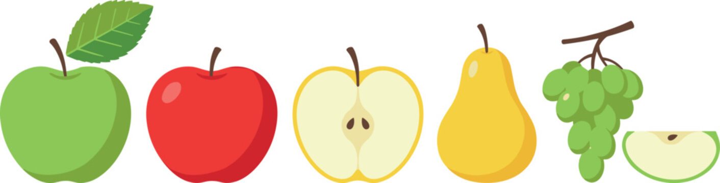 Vector collection of fresh orchard fruits featuring whole green and red apples, a cut half, yellow pear, bunch of green grapes, and a sliced wedge isolated on white background.