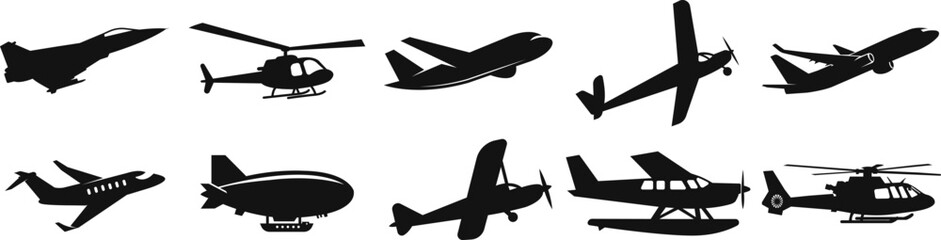 Diverse aircraft silhouettes collection jets helicopters prop planes and airships for aviation designs © Clarios Stock