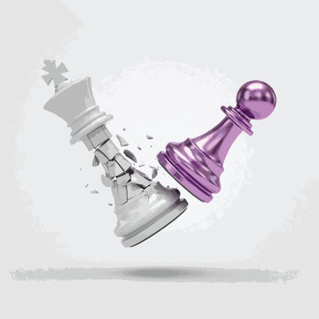 Shattered white king chess piece being forcefully impacted by a powerful purple pawn representing strategy and conflict