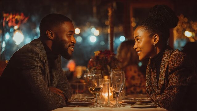 Couple enjoys a romantic dinner at a dimly lit restaurant while sharing an intimate conversation across the table.