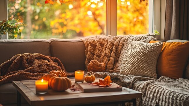 Cozy living room interior with autumn decor and pumpkins