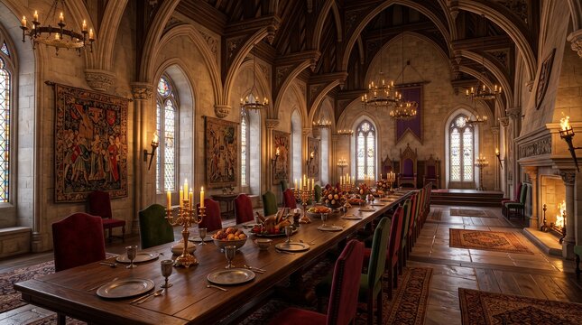 Grand medieval banquet hall interior with long wooden table candles tapestry fireplace with chandeliers tapestries fireplace interior with interior