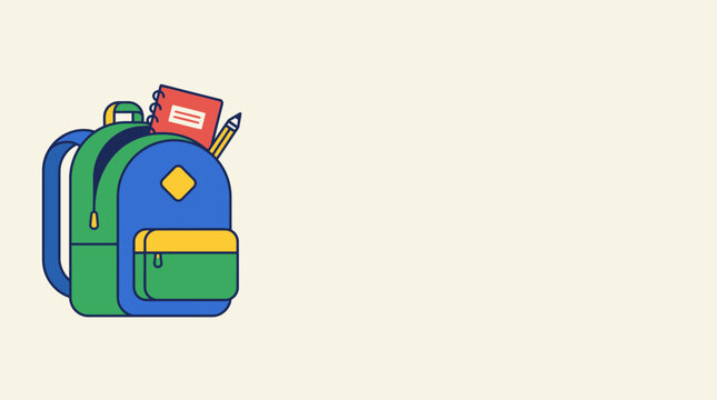 Colorful school backpack, green and blue bag, kids' education icon, stationery accessories isolated on Transparent Background Back to school, Editable EPS
