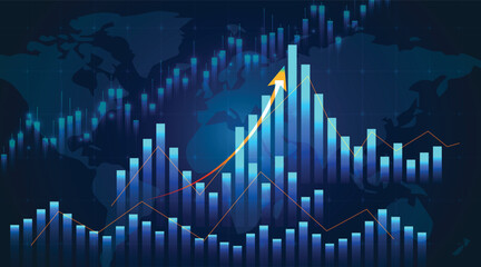 Naklejka premium Global financial stock market chart with glowing blue candlestick graphs, digital world map background for trading and investment data visualization