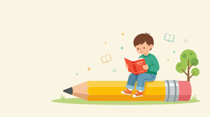 Cartoon boy reading on giant pencil, education icon, learning concept, colorful illustration isolated on Transparent Background Back to school, Editable EPS