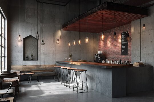 Modern industrial coffee shop interior with concrete and brick walls