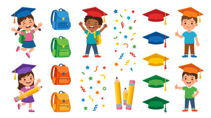 Happy school children graduation vector set, diverse students wearing academic caps and backpacks, colorful primary education celebration elements isolated on White Background Back to School