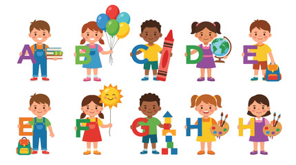 Cartoon school children with alphabet letters, diverse group of happy students holding ABC characters, primary education vector set isolated on White Background Back to School, Editable EPS