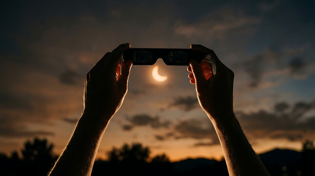 Hands raising eclipse glasses toward the crescent sun