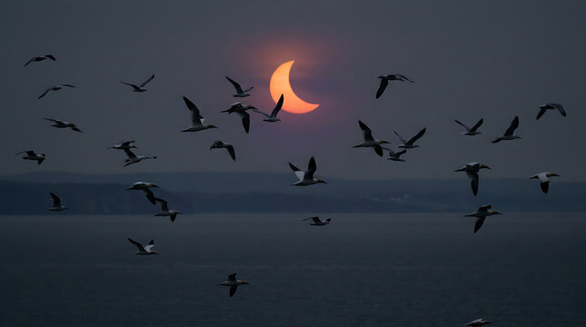 Birds flying past the crescent eclipse sun at dusk