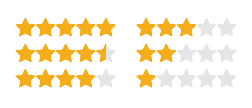 Set of five star rating icons with various partial and full gold rankings displayed on transparent background for user feedback with showcasing various levels evaluation one five stars PNG