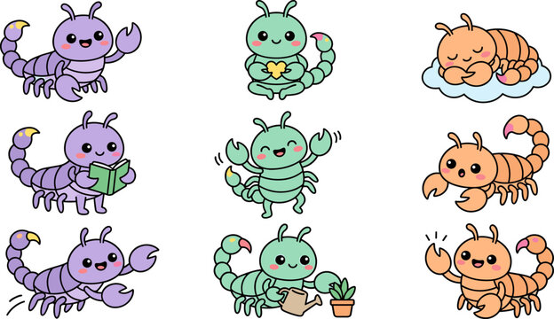 Cute cartoon scorpion character vector illustration set showcasing friendly colorful arachnids in various emoji poses reading sleeping watering plants isolated on white background