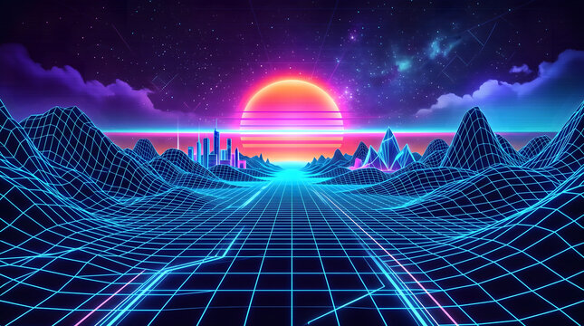 Wireframe landscape synthwave neon blue purple
