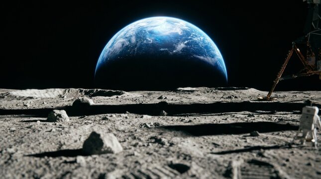 Lunar surface with lander leg and astronaut footprint in foreground
