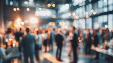 Fototapeta premium Blurred business professionals networking at corporate office party with modern workplace celebration, teamwork, social gathering, and defocused background