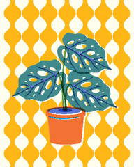 Fototapeta premium Retro Risograph Vector Illustration of Potted Monstera Houseplant
