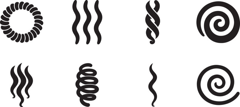 Solid filled ringlet hair pattern icon set with elegant curly textures for beauty and decorative design.