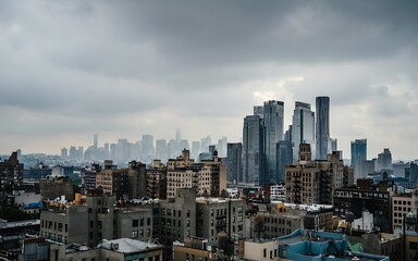 Fototapeta premium A panoramic cityscape showcases a mix of modern skyscrapers and older buildings under a cloudy sky in an urban environment