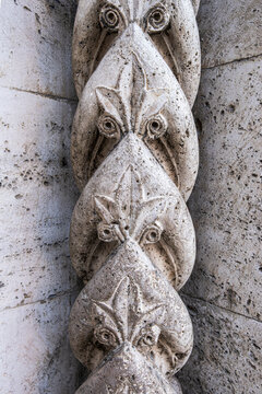 Travertine column on the facade of Chiesa di San Francesco in Ascoli Piceno, Marche, Italy